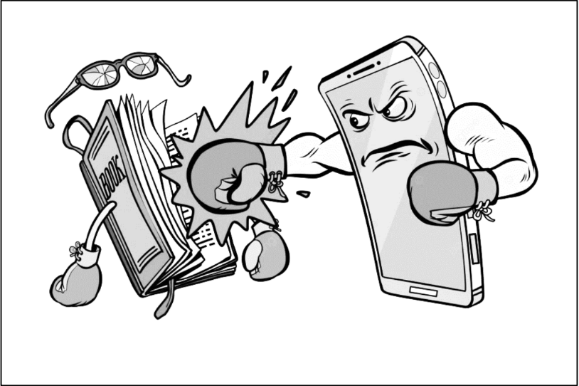 Ein Smartphone mit Boxhandschuhen schlägt auf Bücher ein; daneben liegen eine Brille und weitere Lernmaterialien.